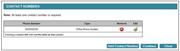 Contact page, Contact Numbers section